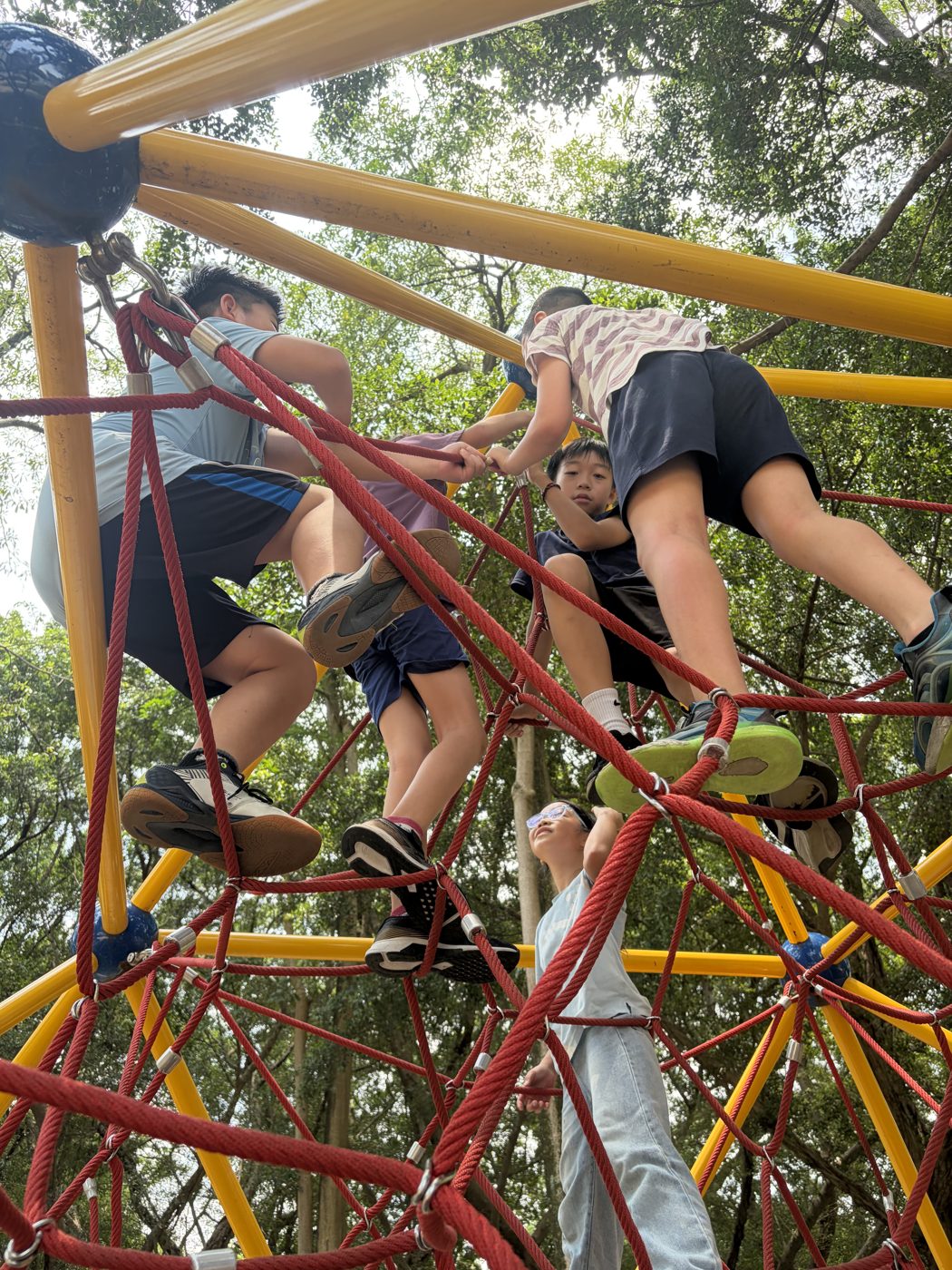 孩子在公園攀爬架上