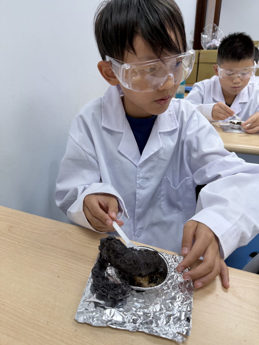 孩子觀察黑蛇實驗的成品